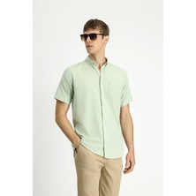 Kısa Kol Relaxed Fit Düğmeli Yaka Keten Görünümlü Pamuk Spor Gömlek