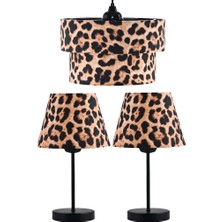 Leopar Desenli Pasta Avize ve Siyah Metal Ayaklı Abajur Seti Yatak Odası Sarkıt