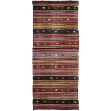 Bespoky 143x350 cm Bej Kırmızı Çizgili Geleneksel Kilim Sembolik Halı | Salon Yatak Odası Halısı | UNİQUE-819