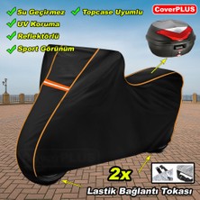 Reflektörlü Siyah Turuncu Dikişli Asya Efsane Eco 100 Pro Arka Çanta Uyumlu Branda Motosiket Brandası Motor Örtüsü Çadır Su Geçirmez Motosiklet Kılıfı Motor Brandası