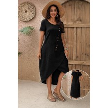 Modavera Kadın Kısa Kollu Bisiklet Yaka Düğme Detay Müslim Elbise