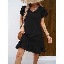 Modavera Kadın Kısa Kollu Bisiklet Yaka Fırfırlı Aerobin Elbise