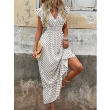 Modavera Kadın Kısa Kelebek Kollu Kruvaze Yakalı Desenli Süprem Elbise