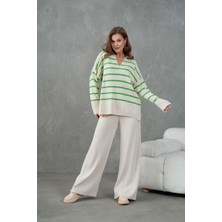 Kadın Açık Yeşil Üstü Çizgili V Yakalı Alt-Üst Triko Takım 26051