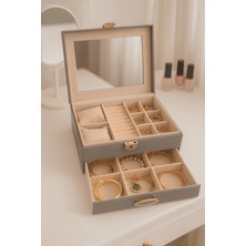 Dışı Deri Içi Kadife Kilitli Çekmeceli Takı Bijuteri Mücevher Kutusu Organizer Düzenleyici Gri Ithal Ürün