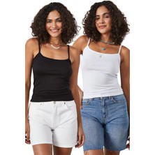 Siyah Beyaz 2'li Ince Ip Askılı Pamuklu Basic Atlet 27274