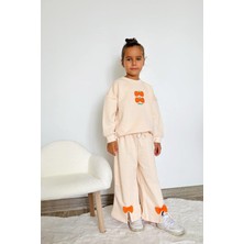 Kız Çocuk 3 Iplik Pamuklu Kumaş Kurdele Detaylı Sweatshirt ve Geniş Paça Eşofman Altı Alt Üst Takım