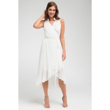 Ecru Gömlek Yaka Kruvaze Bağlamalı Asimetrik Şifon Elbise Gündüz Gece Şıklığı 24L7545