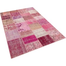 Pembe Patchwork Etnik Modern Desenli Yün Hav Toz Vermez Leke Tutmayan Salon Yolluk Mutfak El Dokuma Halı