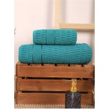 2 Parça Banyo Havlu Takımı %100 Pamuklu Çubuk Desen Yeşil