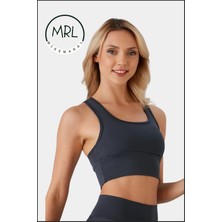 Kadın Lacivert Spor Büstiyer Crop Halter Yaka Pedli Toparlayıcı Likralı Dalgıç Havuz Deniz Uygun