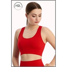 Kadın Kırmızı  Spor Büstiyer Crop Halter Yaka Pedli Toparlayıcı Likralı Dalgıç Havuz Denize Uygun