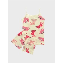 Kız Çocuk Pamuklu Ekru Pembe Renk Tavşan Desenli Atlet Boxer Takımı