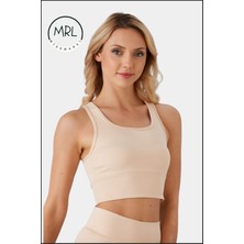 Kadın Ten Spor Büstiyer Crop Halter Yaka Pedli Toparlayıcı Likralı Dalgıç Havuz Deniz Uygun