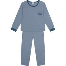 Antebies Organik Mavi Waffle Cuddle Weather Nakışlı Beli Lastikli Uzun Kollu Erkek Çocuk Pijama Takımı