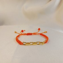 Crystal Atelier Turuncu Ipli Altın Kaplama Zincir Geçişli Kristal Boncuklu Örgü Makrome Bileklik, El Yapımı Unisex Takı, Kadın Erkek Yazlık Ayarlanabilir Şık Hediyelik Günlük Kombin Moda Aksesuar