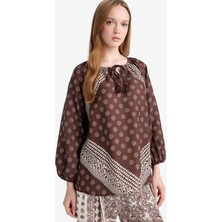 DeFacto Relax Fit Bisiklet Yaka Bağlamalı Desenli Uzun Kollu Bluz F9255AX25AU