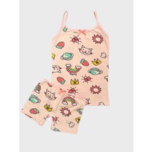 Kız Çocuk Pamuklu Pembe Çilek Gökkuşağı Kalp Desenli Atlet Boxer Takımı