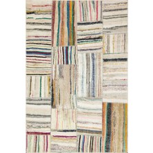 Bespoky 157x232 cm Bej Krem Yamalı Bohem Çizgili Halı | Salon Yatak Odası Halısı | UNİQUE-36326