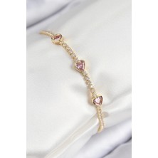 Pirinç Zirkon Taşlı Pembe Kalp Model Gold Renk Kadın Bileklik