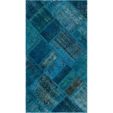 Bespoky 82x150 cm Kahverengi Turkuaz Patchwork Bohem Karışık Halı | Salon Mutfak Halısı | UNİQUE-21328
