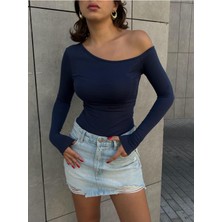 Kadın Lacivert Kayık Yaka Pamuk Kumaş Body