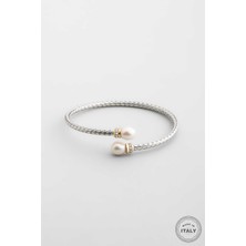 Italyan Grace 18  Ayar Beyaz Altın Kaplama Gümüş Kelepçe Bileklik