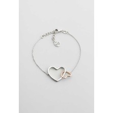 Iki Kalp 18 Ayar Rose ve Beyaz Altın Kaplama 19 cm Gümüş Bileklik