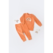 Unisex Bebek Organik Kadife Gökkuşağı Desenli Alt-Üst Takım - Sweatshirt Pantolon