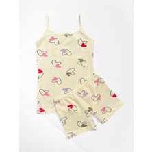 Kız Çocuk %100 Pamuklu Ekru Renk Kalp Desenli Ince Askılı Atlet Boxer Takımı