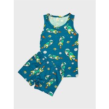 Erkek Çocuk Pamuklu Petrol Yeşili Dinozor Desenli Atlet Boxer Takımı