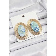 Pirinç Mermer Desenlli Mavi Sedef Oval Vintage Model Gold Renk Kadın Küpe