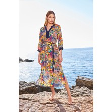 Monamise Kadın Çiçek Desenli Yırtmaçlı Truvakar Kollu V Yaka Elbise 25055