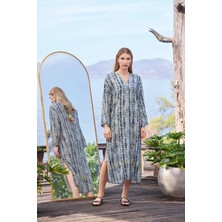 Monamise Kadın Desenli ve Yırtmaçlı Uzun Kollu V Yaka Elbise 25045