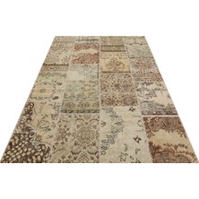 Bespoky El Dokuma Bej Patchwork Yün Halı | El Yapımı Vintage Salon Halısı | %100 Doğal Yün | PATCHWORK-5857