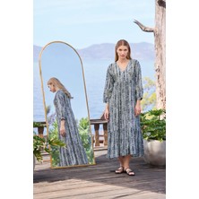 Monamise Kadın Desenli Truvakar Kollu Önü Düğmeli V Yaka Elbise 25042