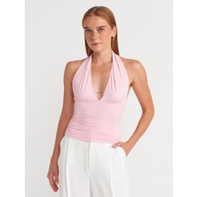 31968 Büzgülü Halter Yaka Top-Toz Pembe