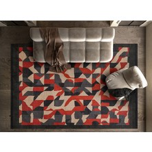 Halınet  Geometrik Kırmızı Pamuk Dikdörtgen Modern Desenli Pamuk Makinada Yıkanabilir Hav Toz Vermez Leke Tutmayan Kaymaz Taban Dijital Makine Baskı Salon Yolluk Mutfak Halı