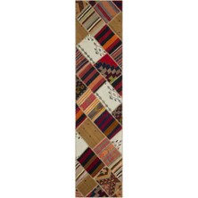 Hali.Net 76x318 cm Bej Çok Renkli Geometrik Kilim Yama İşi Halı | Mutfak Yolluk Halısı | Hav Vermez | UNİQUE-22546