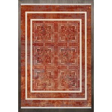 Halınet  Çerçeveli Kırmızı Pamuk Dikdörtgen Modern Desenli Pamuk Makinada Yıkanabilir Hav Toz Vermez Leke Tutmayan Kaymaz Taban Dijital Makine Baskı Salon Yolluk Mutfak Halı