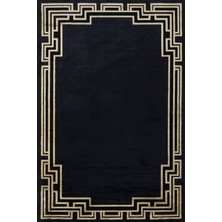 Hali.Net 160x300 cm Siyah Bej Geometrik Art Deco Bordürlü Halı | Salon Yatak Odası Halısı | Hav Vermez Leke Tutmaz | ARTEMİS_CORFU-6351B