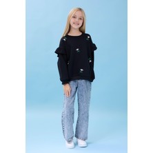 Kız Çocuk Fırfır Detaylı Çiçek Işlemeli Şardonlu Oversize Sweatshirt - Siyah