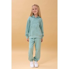 Kız Çocuk Kapüşonlu Çiçek Aplikeli Alt Üst Mevsimlik Takım – Çağla