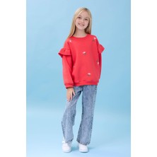 Perendi Kız Çocuk Fırfır Detaylı Çiçek Işlemeli Nar Çiçeği Oversize Sweatshirt Uzun Kol