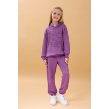 Kız Çocuk Kapüşonlu Çiçek Aplikeli Alt Üst Mevsimlik Takım – Mor