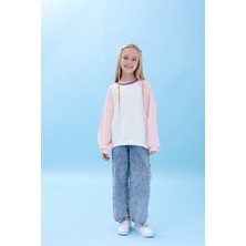 Kız Çocuk Bisiklet Yaka Renkli Basic Oversize Mevsimlik Kreş Sweatshirt - Ekru/pembe