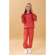 Kız Çocuk Kapüşonlu Çiçek Aplikeli Alt Üst Mevsimlik Takım – Kiremit