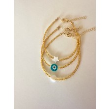 Sedef Kalp Yıldız Cam Nazar Boncuğu Altın Renk Bileklik