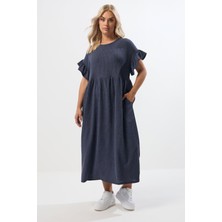 Büyük Beden Bisiklet Yaka Kısa Kollu Fırfırlı Uzun Elbise 270342