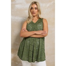 Büyük Beden V Yaka Sıfır Kol Astarsız Dantel T-Shirt 304102